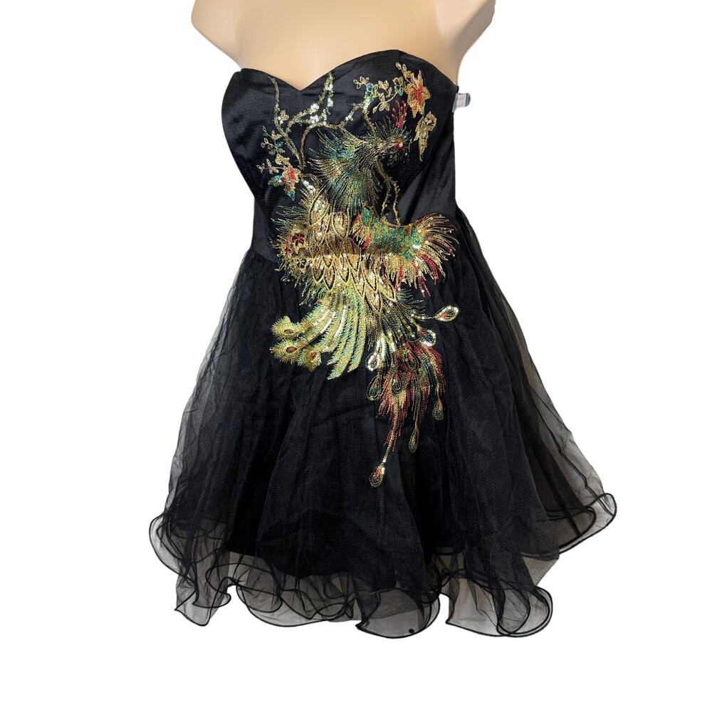 Chi Chi London Black‎ Peacock Embroidered Strapless Dress Tulle Cocktail US 12
